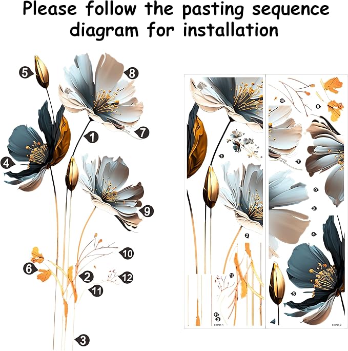 Blue & Gold Floral Wall Decal for Bedroom Living Room, Semi-Transparent Vinyl Peel and Stick Wall Sticker, Waterproof Removable Modern Flower Wall Art for White Walls - Image 4