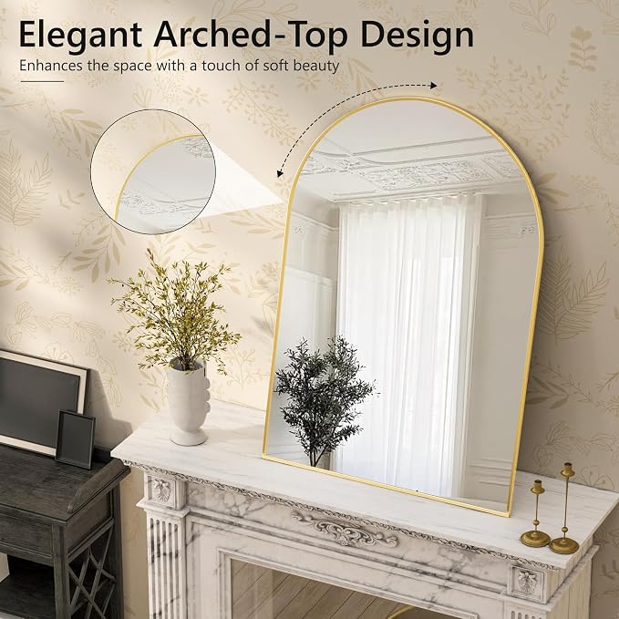Arched Bathroom Mirror for Wall, 36" x 24" Metal Frame Vanity Mirror, Gold - Image 5