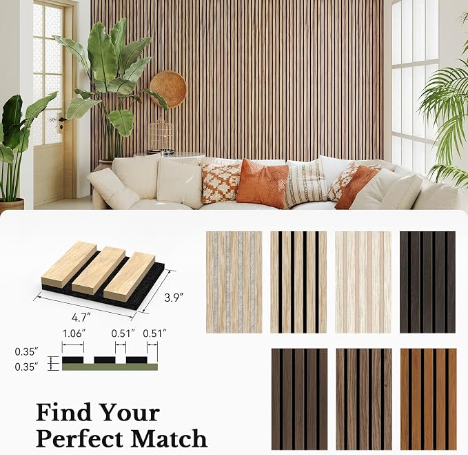 MISSDAY Wood Slat Acoustic Wall Panels, 7 Packs 3.9" x 4.7" Sample Pack Soundproof Panel For Interior Wall Decor Noise Absorbing-3D Textured Wooden Panel Peel and Sound-Absorbing, Office, Studio - Image 2