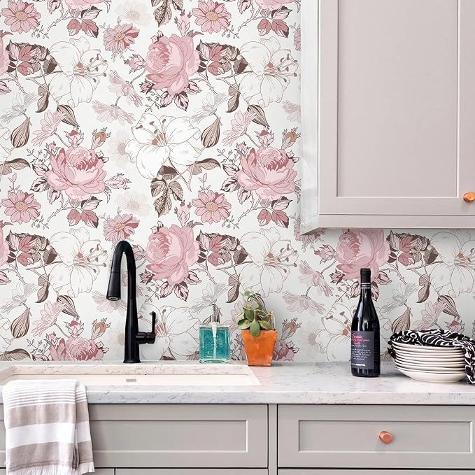 Hopepak 16.1''x394'' Floral Peel and Stick Wallpaper Modern Pink Contact Paper Removable Self Adhesive Wall Paper for Bedroom Bathroom Cabinets Decor Waterproof Vinyl - Image 5