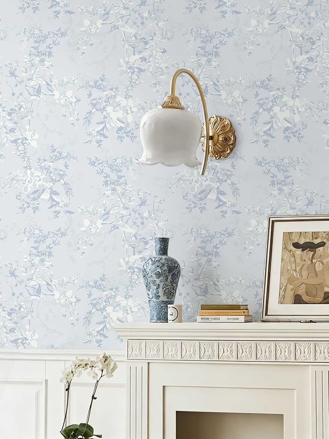 Dimoon Blue Peel and Stick Wallpaper Floral Vintage Wallpaper French Country Renter Friendly Contact Paper Bathroom Kitchen Removable Boho Stick on Wall Paper Vinyl Roll 17.3''x197 - Image 5
