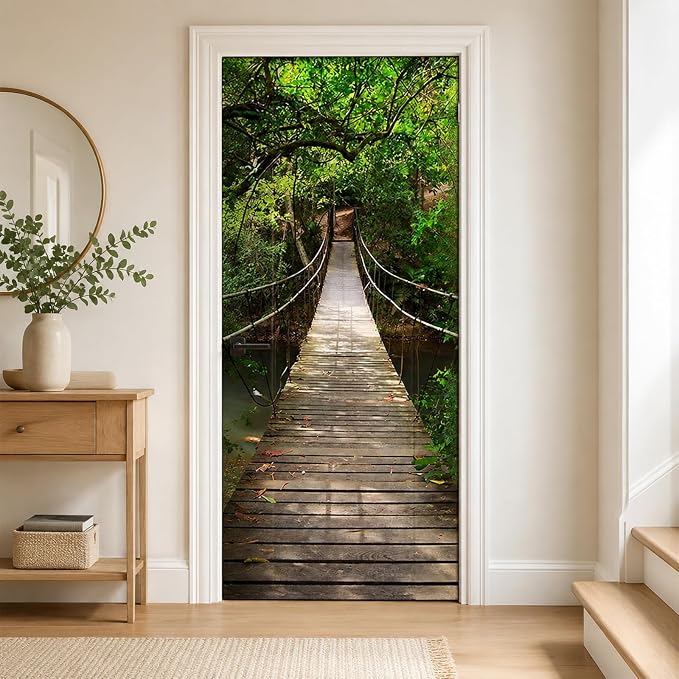 Door Stickers Peel and Stick Murals - Wall Covers Decorative Decal Forest | 30.3"W x 78.7"H, 3D Forest Bridge Wallpaper，Waterproof Removable Opaque Vinyl Self Adhesive Fake Door Decor for Home Office by ChezMax