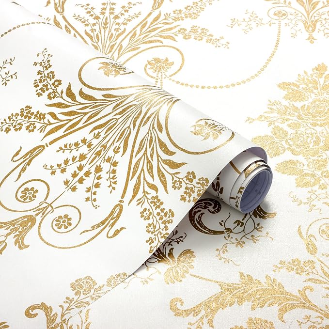 Damask Floral Peel and Stick Wallpaper Removable Gold Flowers Contact Paper | 17.3" X 118" Gold and White Damascus Wallpaper Boho Self Adhesive Decorative Wallpaper for Bedroom Accent Wall DIY Vinyl Roll by EchoSphere