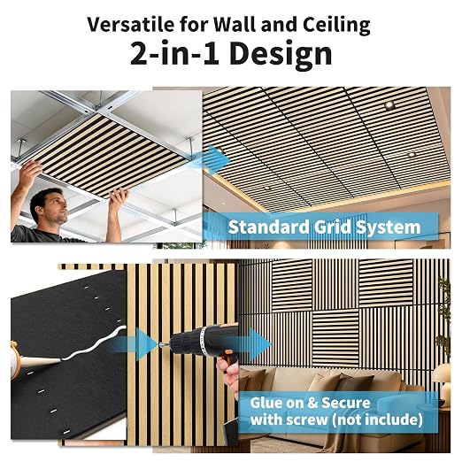 Art3d 6-Pack Acoustic Wood Slat Panel & Ceiling Tile, 2 x 2 ft, Ashtree | Crack-Resistant, Scratch-Resistant, Eco-Friendly, Durable, Grid Compatible, Ideal for Living Room, Bedroom & Home DIY Upgrade - Image 8