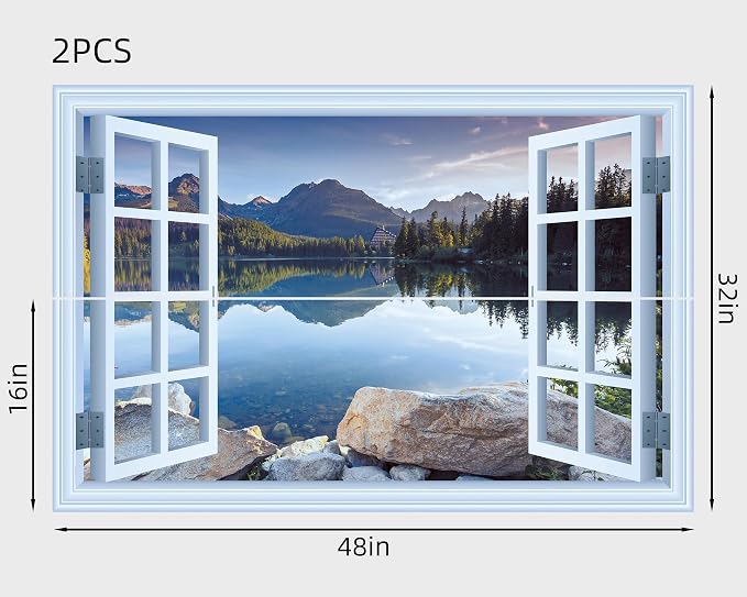 FLFK Fake Window Wall Mural - Landscapes Faux Window Wall Sticker for Wall Decor, Stick and Peel Wall Decals,48"x32",Set of 2 Sheets - Image 2