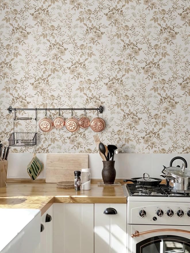 Erfoni Beige Floral Peel and Stick Wallpaper Boho Floral Leaf Contact Paper | 16.9" x197" Boho Self Adhesive Wallpaper Flower DIY Removable Decoration Wallpaper for Livingroom Accent Wall Covering - Image 4