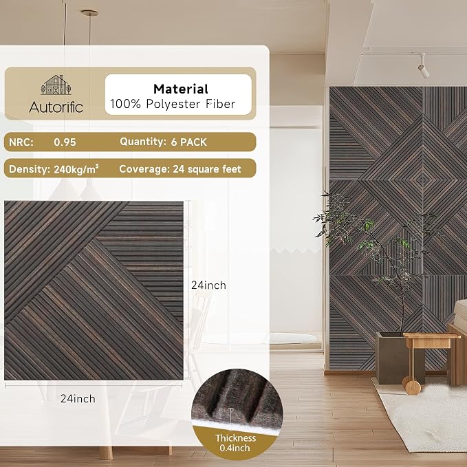 Acoustic Panels,6 Pack 23.6" x 23.6",Sound Panels,Rustic Walnut | Self-Adhesive Sound Absorbing Panels,3D UV Printing with Wood Print,High-Density Polyester Fiber,Sound Proof Panels for Walls - Image 2