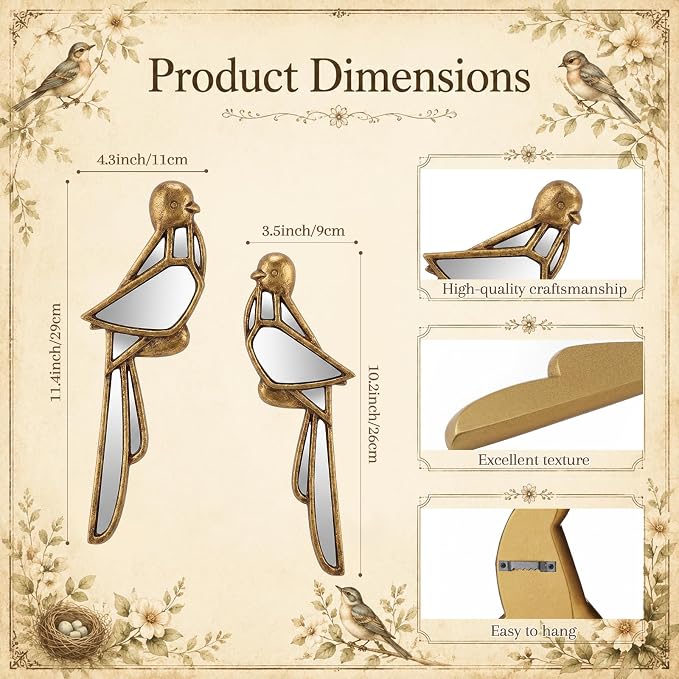 Fumete 2 Pcs Tropical Bird Mirror Wall Decor Vintage Gold Resin Insect Art Decorative Wall Mirror Retro Hanging Bug Animal Glass Mirrors Garden Nature for Summer Wedding Home Accent Housewarming - Image 2