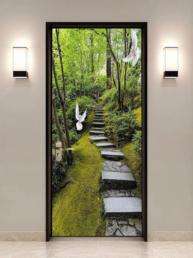 artfanke 3D Peel and Stick Door Sticker 33.5"x84.6"- Self-Adhesive Door Wallpaper Murals Decal Wall Poster-Pigeon Green Forest Landscape for Home Decor (2 Sheets/Set) by artfanke
