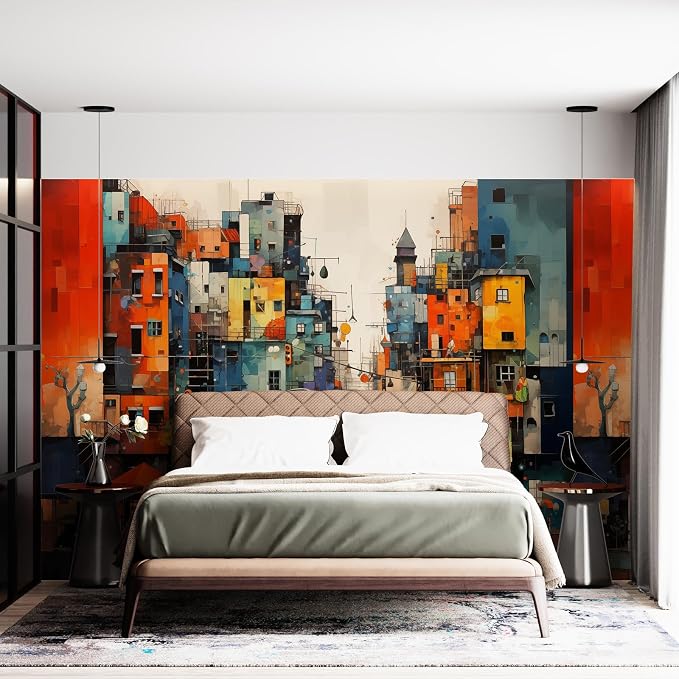 Zeeko Colorful Modern City Wall Murals 3D Peel and Stick 148" W x 98" H | Hand Painted City Wallpaper Removable Graffiti Wall Paintings People Building Abstract Wall Decor for Bedroom Bathroom Office - Image 8