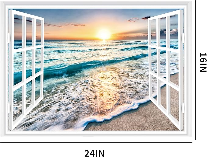 FLFK Fake Window Wall Sticker - Sunset Beach Faux Window Wall Mural for Wall Decor, Stick and Peel Wall Decals,16"x24" - Image 2