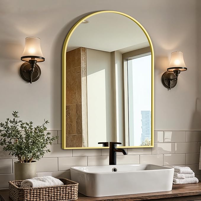 Arched Bathroom Vanity Mirror for Over Sink, 30”x20”, Gold by LawadaMirror