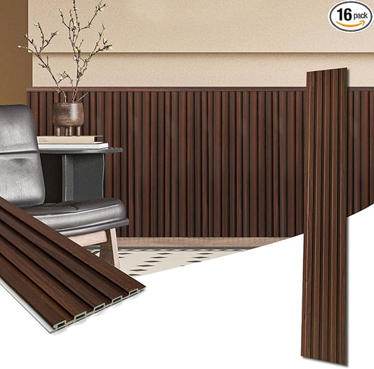 Art3d 48 x 6 in WPC Wood Slat Wall Panels, 3D Wall Accents, 16-Pack, Walnut | Real Wood Grain, Durable, Water Resistant, Wear-Resistant, No Emission, Eco-Friendly, Easy to Care, for Living Room, Bedroom by Art3d