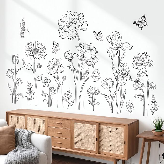 decalmile Black Boho Flower Simple Sketch Floral Wall Decals Stickers by decalmile