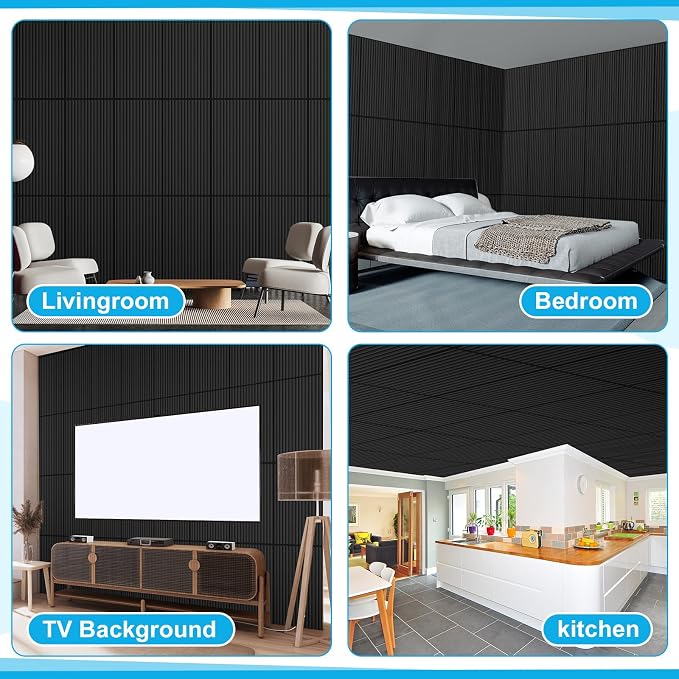 Nuanchu 18 Pack 4x2 FT 3D Slat Wall Panels Large PVC Fluted Panel Decorative Cuttable Glue up Drop Ceiling Tiles for Interior Wall Art Living Room Bedroom Bathroom TV Background Studio(Black) - Image 7