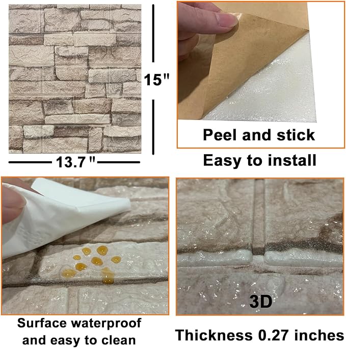Yutianli 20PSC 3D Wall Panels Peel and Stick Faux Brick Wall Panels Self-Adhesive 3D Brick Wallpaper Foam Stone Wall Panel - Image 7