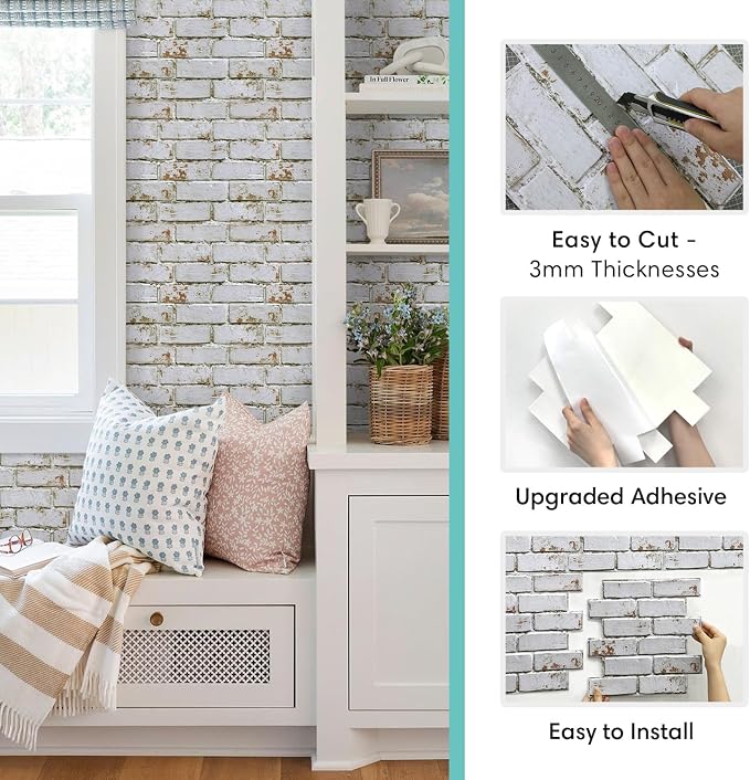 Commomy 3D Wall Panels Peel and Stick Faux Brick 10 Pcs 11.8" x 11.8" | Small Size Thin PVC Brick Wallpaper Tiles Backsplash for Kitchen,Bedroom,Living Room,Quick DIY Wall Decor(Covers 9.7 sq.ft) - Image 6