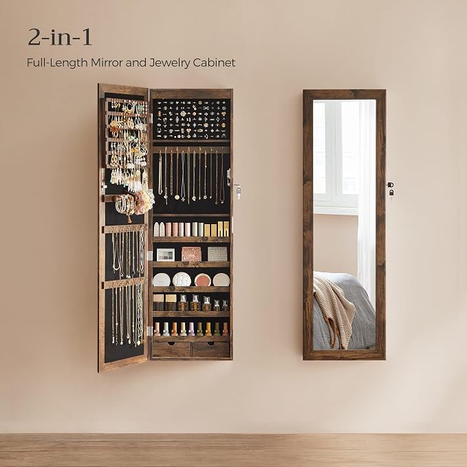 SONGMICS 6 LEDs Mirror Jewelry Cabinet, 47.2-Inch Tall, Lockable - Image 3