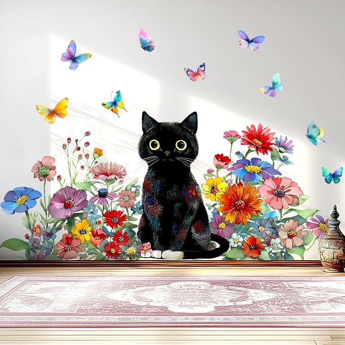 Black Cat Floral Flower Butterfly Watercolor Removable Wall Decals Decor | Watercolor wildflower butterflies peel and stick vinyl wall stickers & murals for bedroom living room classroom office - Image 3