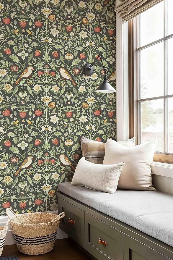 Vintage Wallpaper William Morris Botanical Peel and Stick Wallpaper | Dark sage background with wildflower, bird & strawberry print, removable waterproof vinyl wall covering, bedroom accent decor - Image 3