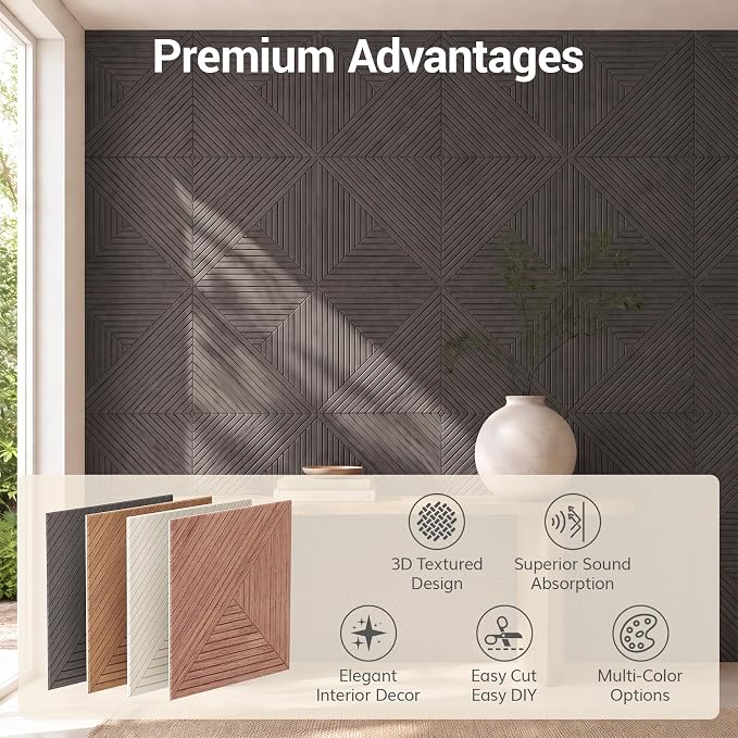 TONOR Acoustic Wall Panels Peel and Stick, 6 Pack 23.6''x23.6''-23.25 sq.ft. High-Density Acoustic Wood Panels Alternative. Soundproof Wall Panels for Interior Wall Decor, Home, Bedroom, Black - Image 7