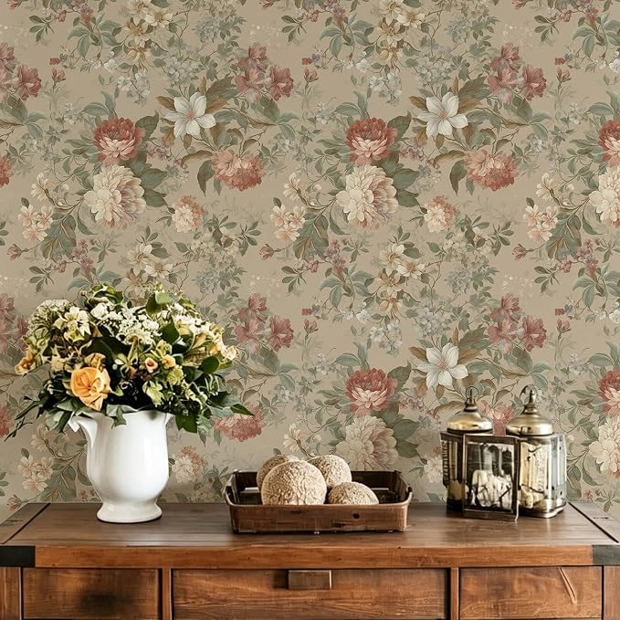 Peel and Stick Wallpaper for Bedroom Vintage Red Floral Self-Adhesive | 78.7"×17.3" Peony French Country Wallpaper Vintage Accent Wall Decor with Grid Lines for Nursery Bathroom Vinyl Waterproof by Fiula