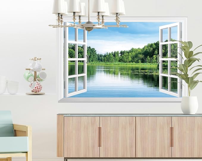 FLFK Fake Window Wall Sticker, Lake Forest Nature View Peel and Stick Mural, White Frame, Self-Adhesive Removable Decal, 48 x 32 Inches, Easy Peel and Stick, for Home, Office, Bedroom Decor - Image 3