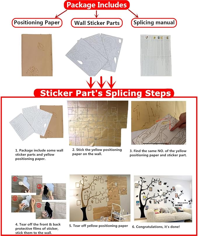 3D Tree Wall Stickers - DIY Photo Frame Tree Wall Decal Family Photo Frame Sticker Murals Wall Decor Living Room Bedroom TV Background Home Decorations (XL:109 * 79in,Red Right) - Image 3