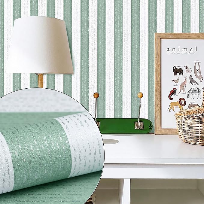 Green Stripe Peel and Stick Wallpaper 15.7" x 118" | Green and White Striped Boho Self-Adhesive Contact Paper Removable Waterproof Wallpaper for Bedroom,Cabinets,Drawer Liners - Image 7