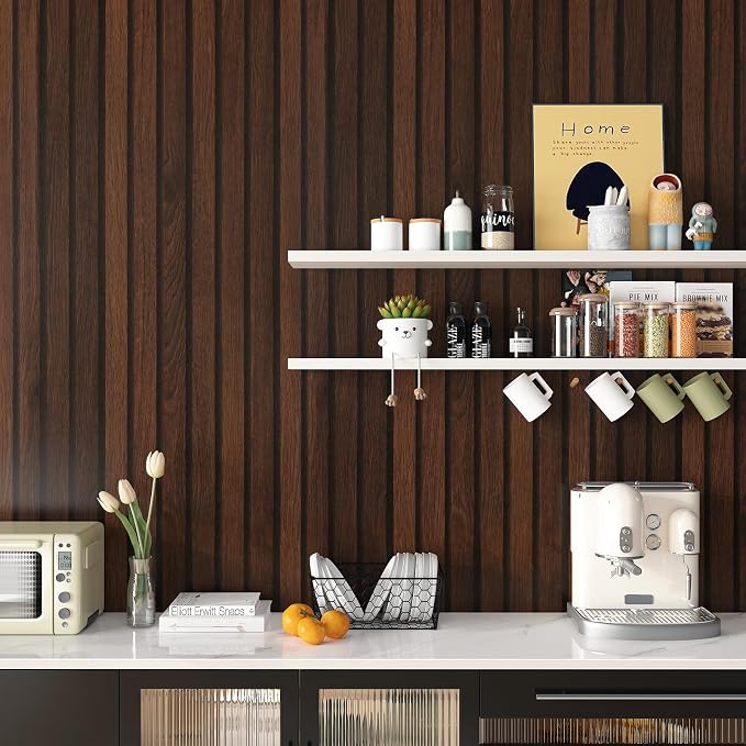 LACHEERY 15.8"x276" Brown Slat Wood Peel and Stick Wallpaper Dark Wood Panel Wallpaper Removable Self Adhesive Wooden Slats Wallpaper Wood Contact Paper for Bedroom Living Room Walls Waterproof Vinyl - Image 2
