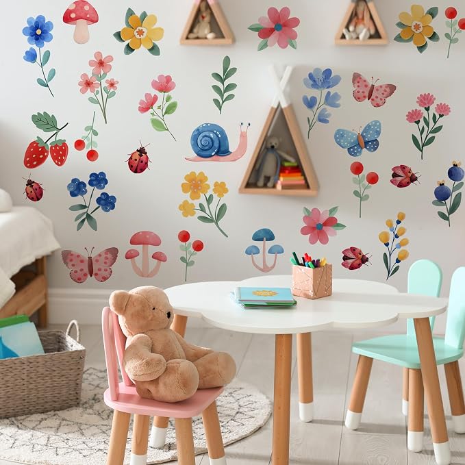 Flowers Wall Decals - Peel and Stick Cute Flowers, Plants and Small Animals Wall Stickers, Removable Bright Colors Floral Wall Decor for Kids Bedroom, Living Room, Nursery Decor Wall Corner Decor - Image 5