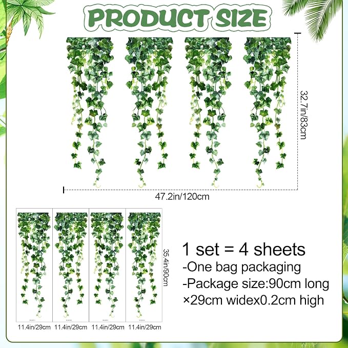 Green Plants Leaves Wall Decals Hanging Vine Wall Stickers Fresh Green Leaf Wall Art Removable Nature Botanical Vine Branches Leaves Murals for Kids Bedroom TV Background Home Decor 91 - Image 2