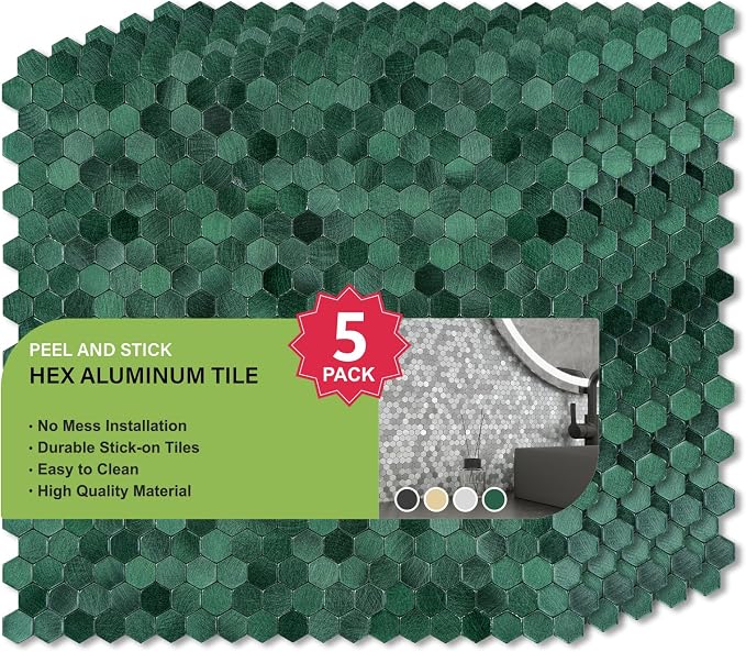 Select 5 Pack Hexagon Peel and Stick Backsplash Tiles, Hunter Green | Self Adhesive Metal Backsplash Stick On Aluminum Tiles for Kitchen Bathroom, 12” x 12” Wall Tiles w/10 Edge Pieces - Image 4