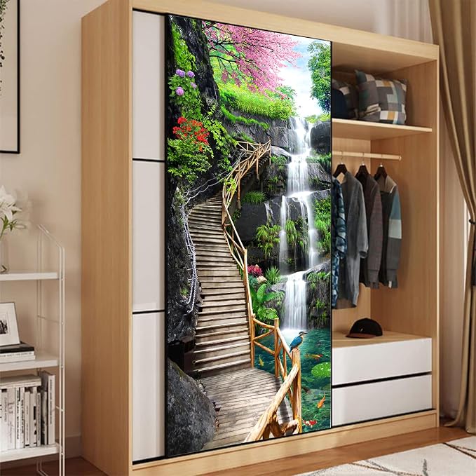 artfanke 3D Trestle Bridge Waterfall Door Sticker Peel and Stick 30.3"x78.7"- Self-Adhesive Door Murals Wallpaper - Waterproof Wall Decal for Bedroom Decor (2 Sheets/Set) - Image 4