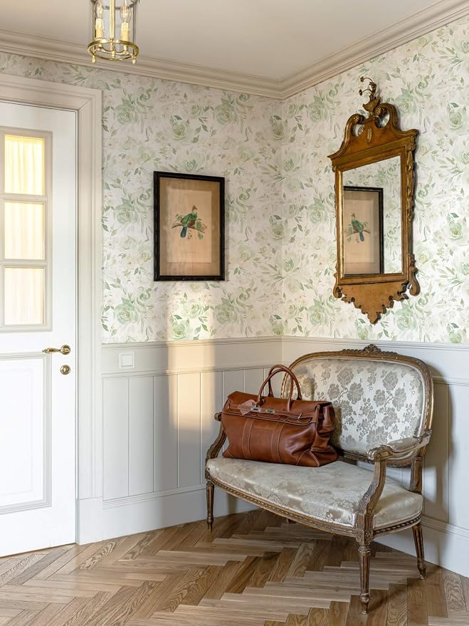 Heroad Green Peel and Stick Wallpaper Floral Contact Paper 17.3''x393'' Large Flower Wallpaper Watercolor Rose Removable Self-Adhesive Wall Paper for Cabinets Bedroom Bathroom Stick on Walls - Image 3