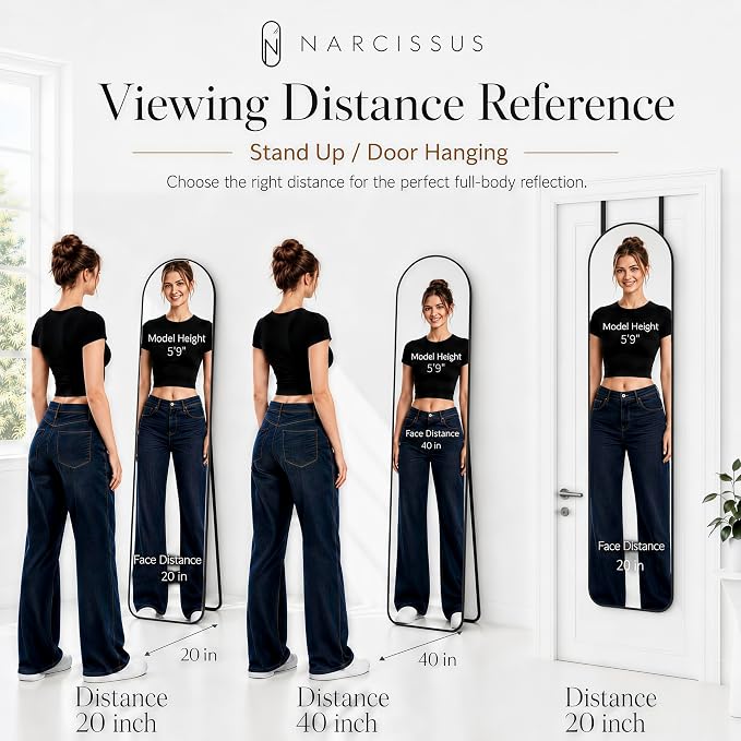 NARCISSUS Full Length Mirror 57x16 Inch, Over The Door Mirror with Stand, Wall Mounted or Freestanding/Door Hanging Full Body, Aluminum Alloy Frame, Black - Image 6