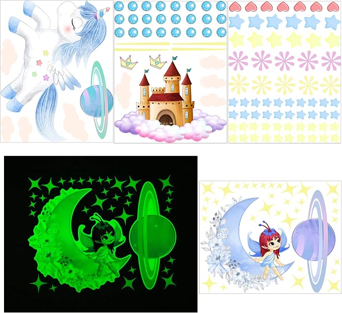 Glow in The Dark Fairy Unicorn Wall Decal Sticker, Girl Bedroom Star Rainbow Castle Princess Wallpaper Decoration, Glowing Moon Ceiling Decor - Image 5