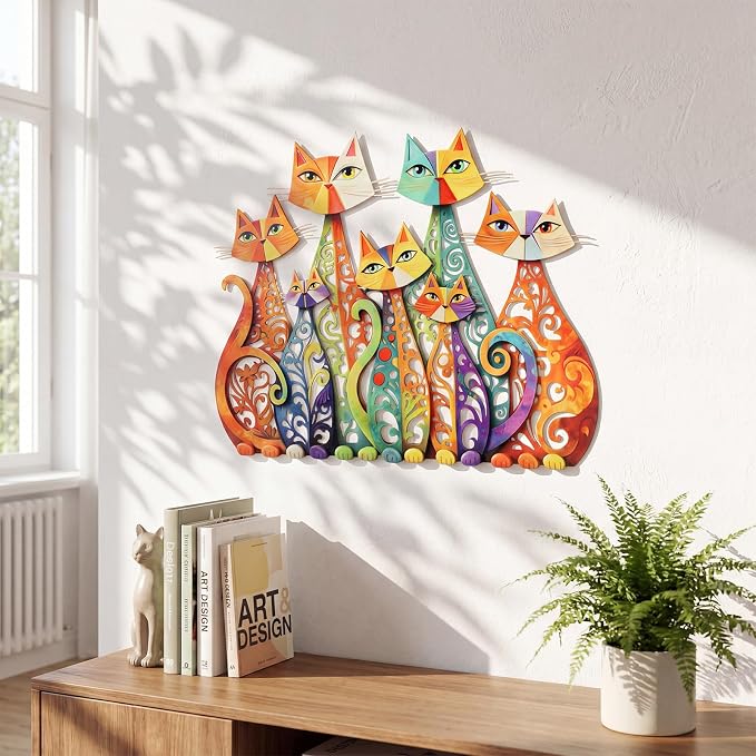 Wesiti Cat Wall Art Metal Sculpture 13.78x10.71 Colorful Mid Century | Iron Decor for Cat Lover, Retro Geometric Design, Home Living Room Bedroom Kitchen Office Sculpture, Ethereal Style - Image 3