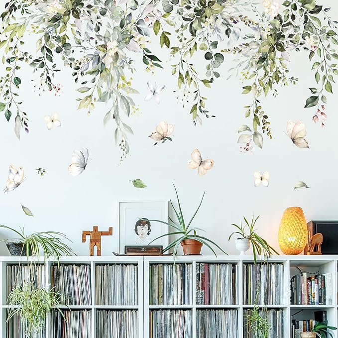 Hanging Green Leaves Wall Decals Elegant Plants Wall Stickers DIY Vinyl Peel and Stick Butterfly and Leaf Wall Art Murals for Kids Girls Bedroom Living Room Offices Nursery Closet Ceiling Vertex Line (B) - Image 6