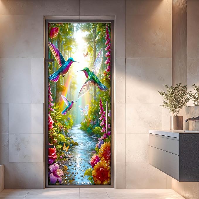 HOMETITUTE Hummingbird Forest Stream Peel Stick Door 30.3x78.7 PVC | Wall Cover Poster Decals Removable Wallpaper Self Adhesive Livingroom Bedroom - Hummingbird - Image 4