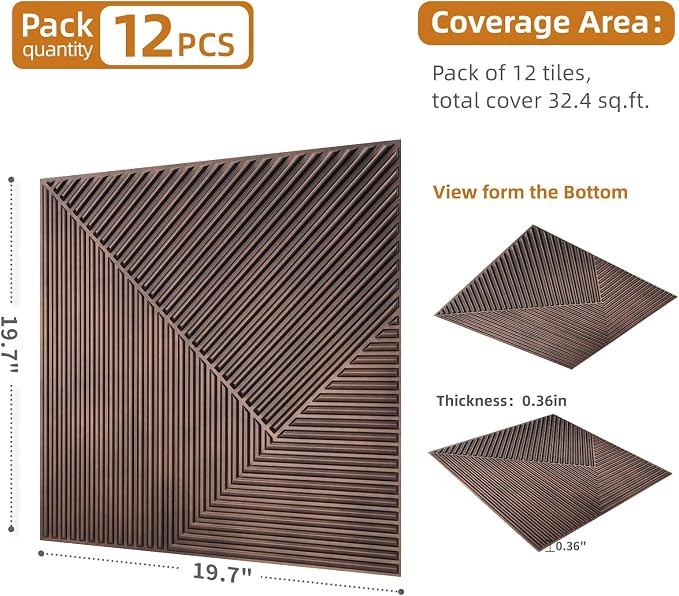 WOWSTAR 12-Pack 3D Wall Panels 19.7" x 19.7", Antique Copper Slat Wall Panels for Interior Wall Decor, Luxury Wall Covering for Living Room & Bedroom | 12-pack, 19.7"x19.7", Textured wall panels, accent wall covering, living room bedroom office - Image 5