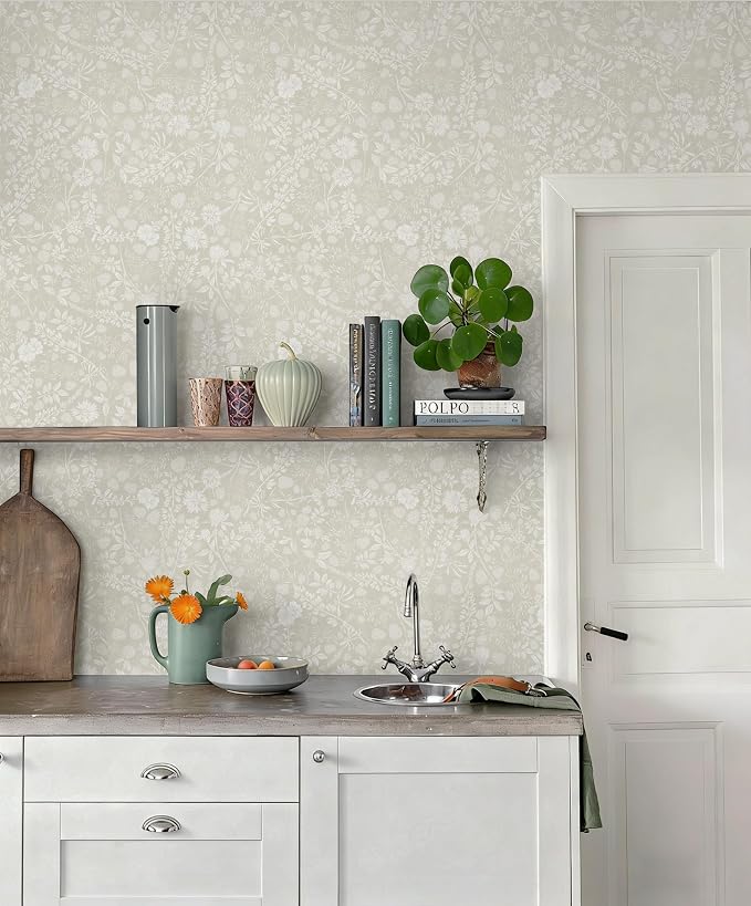 Guvana Beige and Cream White Peel and Stick Wallpaper Floral Wallpaper Slef Adhesive Removable Waterproof Contact Paper Boho Wall Paper for Dining Room Bedroom Living Room Bathroom Kitchen 17.3"×394" - Image 8