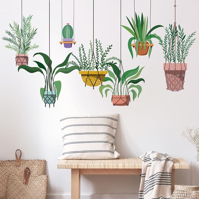 Green Hanging Potted Plant Vine Wall Decals - Peel and Stick, Leaf Shelf Wall Stickers, Boho Art Decor - for The Living Room, Bedroom, and Office by Frzflv