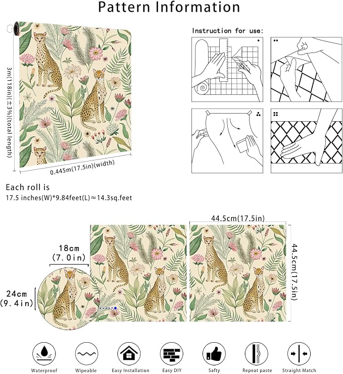 Floralplus Peel and Stick Wallpaper Leopard Removable Wallpaper | Renter Friendly Wallpapers Self Adhesive Animal Floral Contact Paper for Accent Wall 17.5 x 118 in - Image 7
