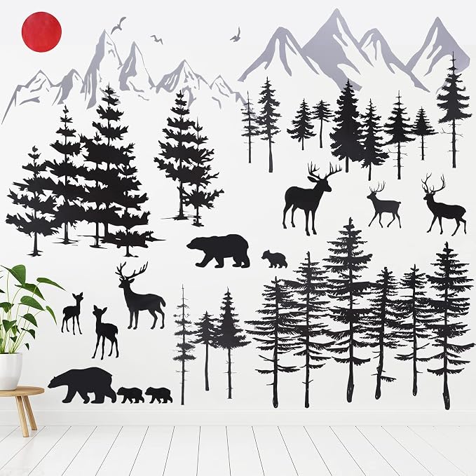 Outus 3 Sheets Mountain Forest Bear Wall Decals Stickers Pine Tree Wall Decals Trees Wall Stickers Deer Forest Decals for Kids Nursery Bedroom Living Room Decor,11.8 x 35.4 Inches by Outus
