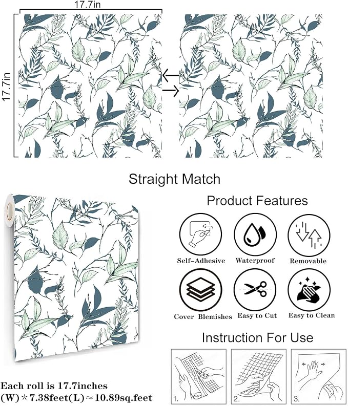 Sage Green and Blue Leaf Peel and Stick Wallpaper 17.7in x 88.5in | Modern self-adhesive removable self adhesive waterproof wall covering for bathroom and accent walls - Image 4