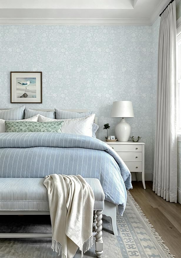 Guvana Blue and White Peel and Stick Wallpaper Floral Wallpaper Slef Adhesive Removable Waterproof Contact Paper Boho Wall Paper for Living Room Bedroom Bedroom Bathroom Kitchen 17.3“×197” - Image 4