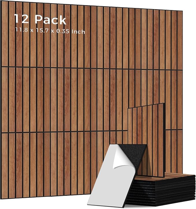 Acoustic Panels,12 Pack Sound Panels,11.8”x15.7”x0.35”,Cherry | Simulated PVC Wood Grain Finish Acoustic Wall Panels,Self-Adhesive Soundproofing Panels,100% Polyester Sound Absorbing Panels by AUTORIFIC