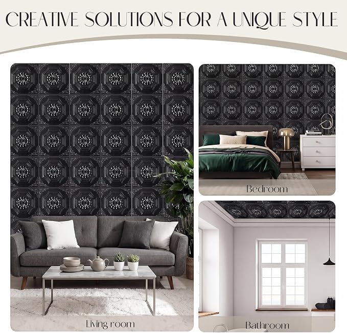 Nuanchu 30 Pcs 13.8 x 13.8 Inch Ceiling Tiles Peel and Stick, Black | Foam White 3D Wall Panels 26-105.5 Sq. ft Adhesive Glue up Waterproof Wallpaper for DIY Office Home - Image 7