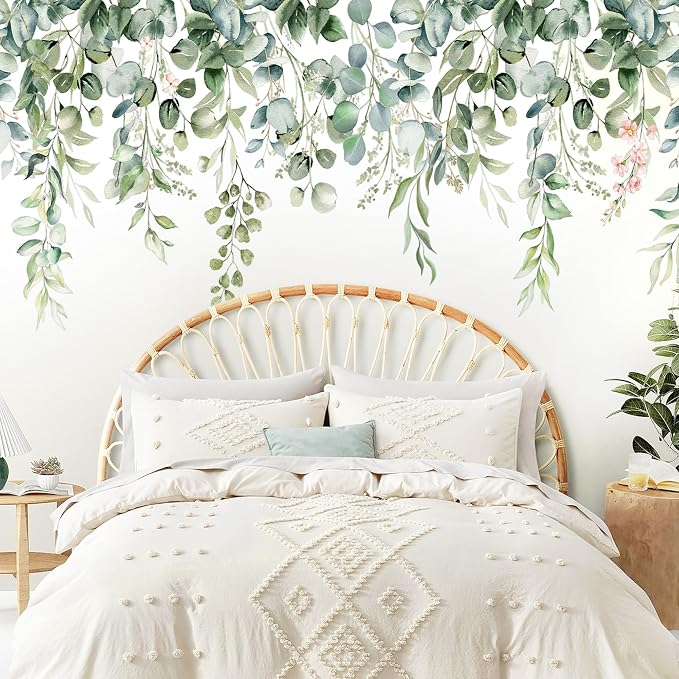 Large Green Leaves Wall Decals,Plants Wall Decals,Floral Flower Wall Decals | Peel and Stick Hanging Vines Eucalyptus Wall Stickers,Wall Decor,for Bedroom,Living Room,Offices,Nursery,Classroom,Ceiling by Sondeng